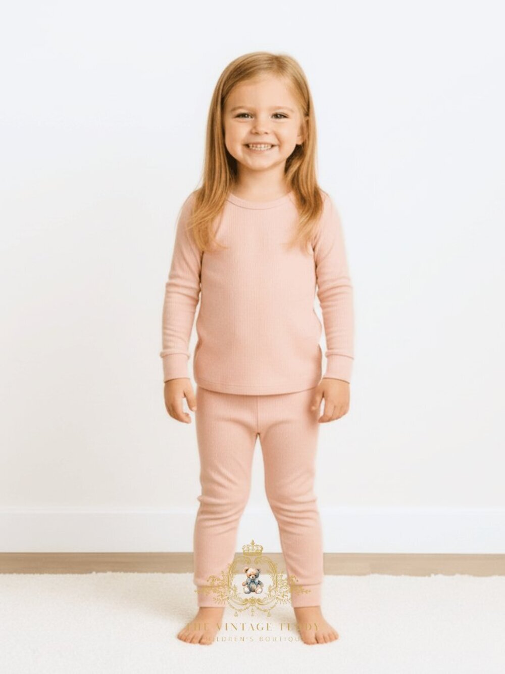 NWT Cute Girls Long Sleeve Pajamas Top & Pants Kids PJ's 2-Piece Set Peach 2-3T